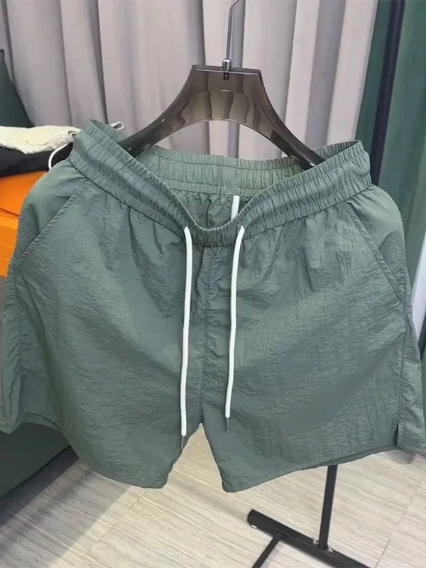 Men's Summer Thin Ice Silk Quick Dry Beach Shorts Sports Casual Pure Color Four-Fifths Length Pants Loose Straight Leg Elasti...