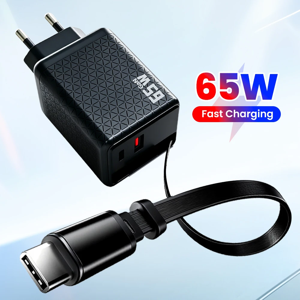 65W USB Charger Fast Charging Type C Phone Charger Adapter For iPhone Samsung Xiaomi Huawei EU/US Plug Wall Charger With Cable