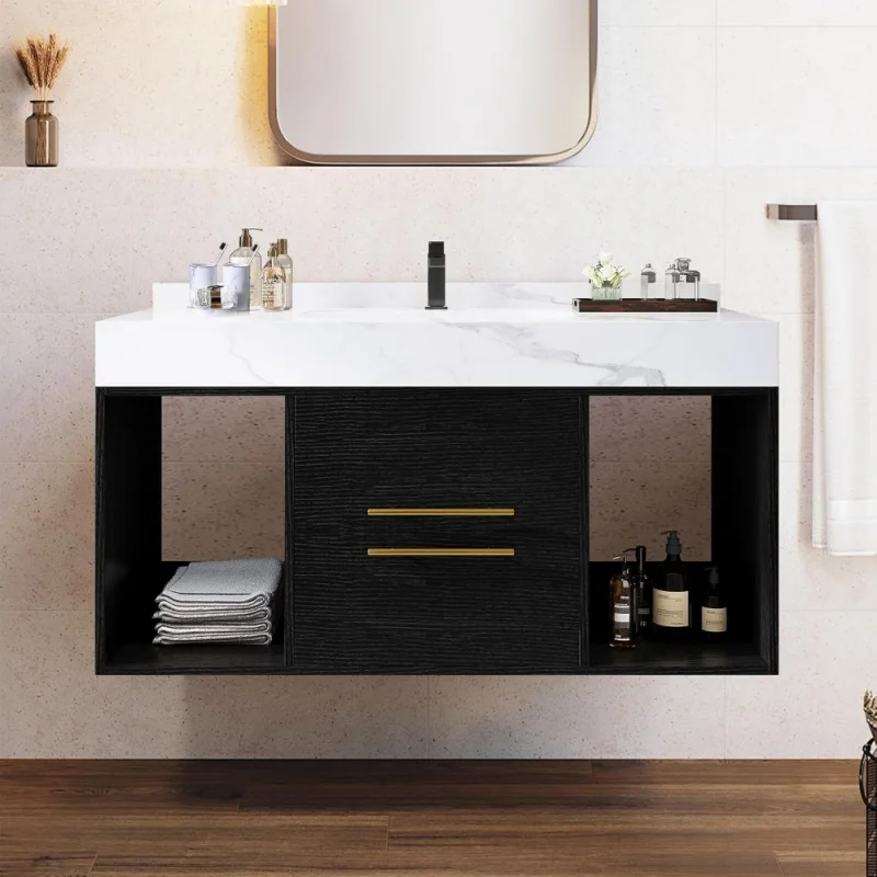 

40 Inch Black Floating Bathroom Vanity With Sink,Wall Mounted Bathroom Vanity With White Ceramic Sink,Bathroom Sink Cabinet