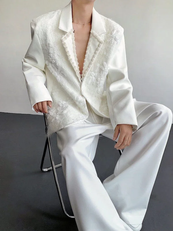 

Pearl Lace Floral Heavy Work Flat Collar Men's Suit Jaet Ele Luxury Casual Faion Polyester Fiber Spring Season Long S...