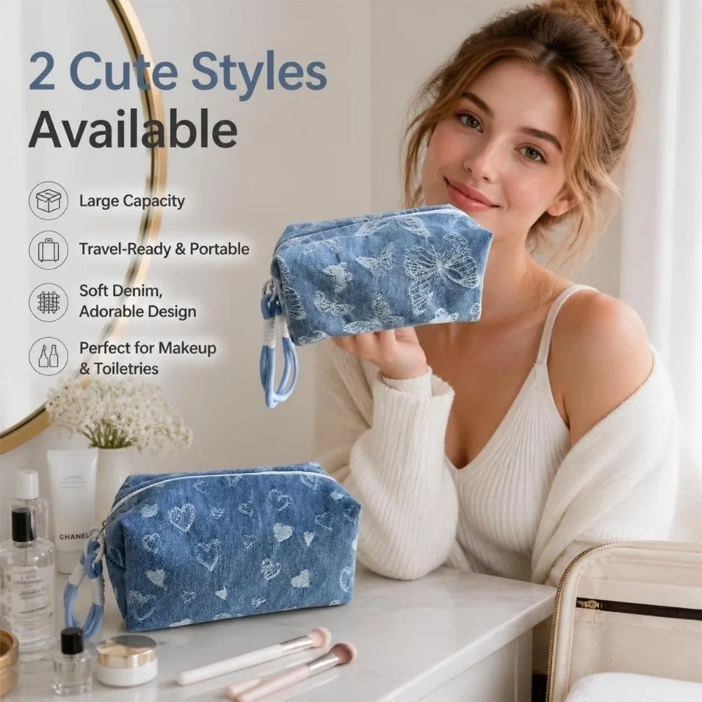 Large Capacity Butterfly Print Cosmetic Pouch Puffy Washable Denim Makeup Bag Heart Pillow Shape Clutch Handbag