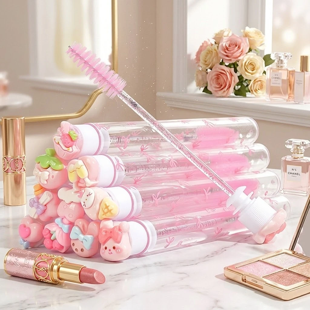10pcs Eyelash Spoolies in Individual Tubes, Pink Bow Lash Wands for Extensions, Portable & Bendable Eyebrow Brush Makeup Tool