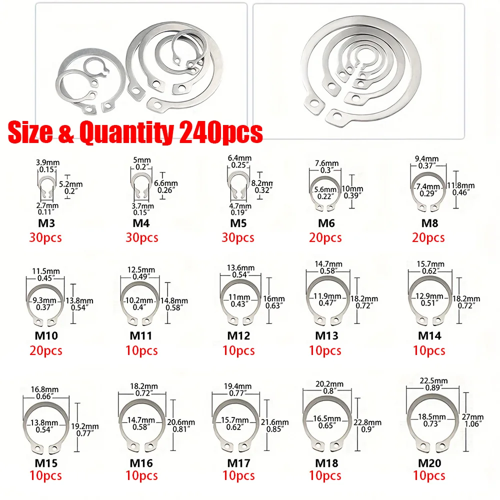 240-Piece Set of 15 Sizes of C-Clamp External Retaining Ring Kit, 304 Stainless Steel Coil Shaft Sorting Kit, M3-M20 Set