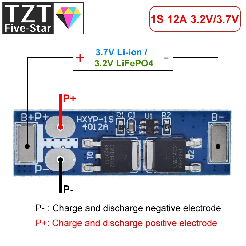 1S 12A 3.7V Li-ion / 3.2V Lifepo4 18650 Battery Charging Protection Board Short Circuit Protection BMS PCM For Electric Motor