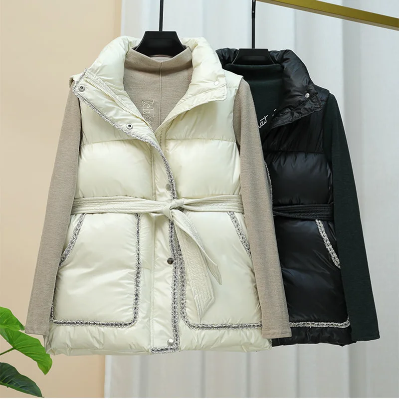 Korean Fashion Sashes Down Cotton Vests Elegant Stand Collar Sleeveless Coats Women Autumn Warm Waistcoat Slim Waist Pakas