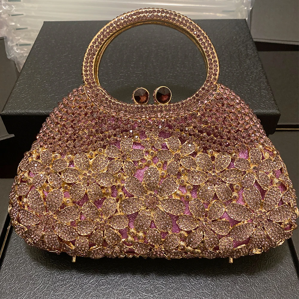 Large Size Purple Rhinestone Top-Handle Purses Luxury Women Long Chain Wedding Clutches New Flower Lady Dinner Banquet Handbags