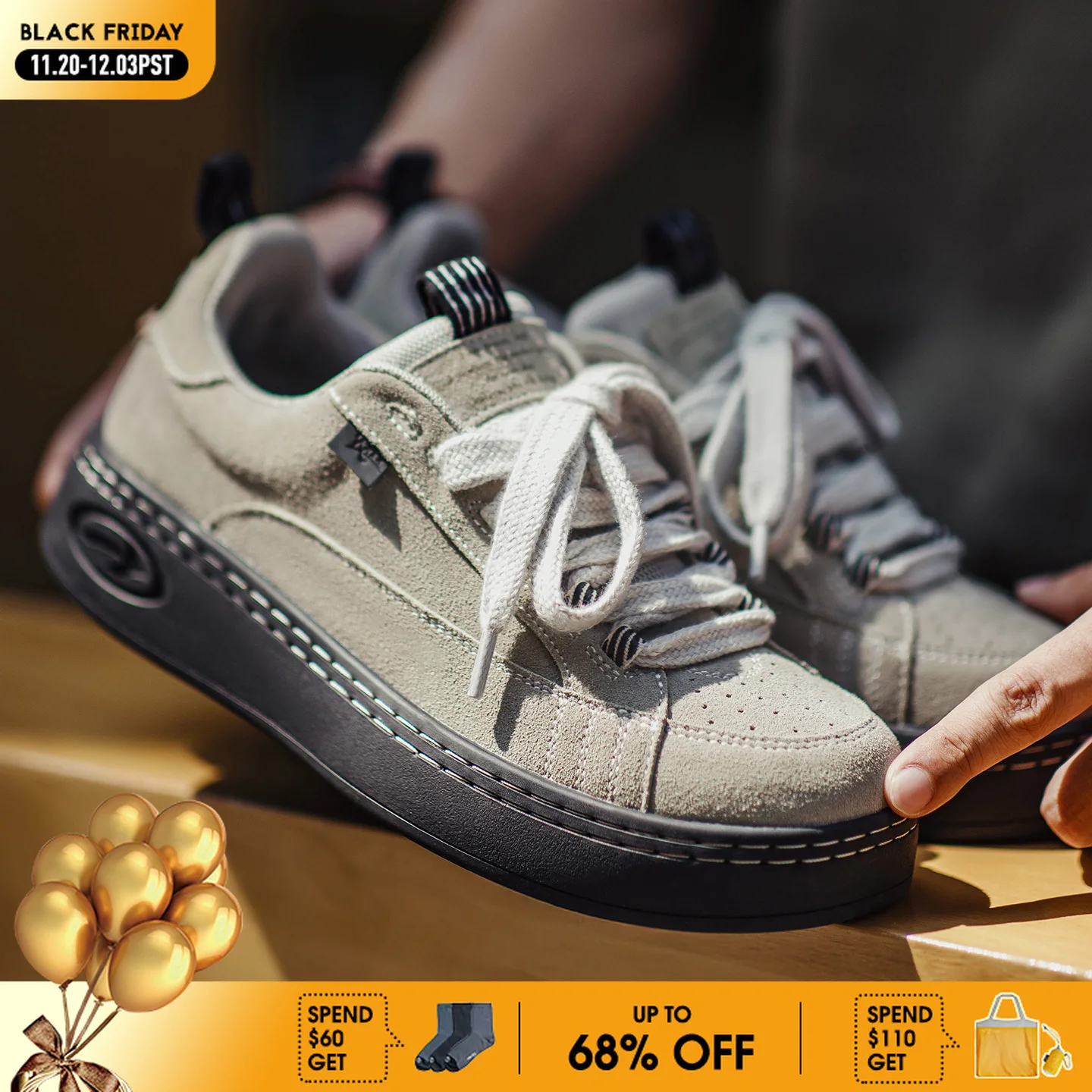 

Maden Men's Casual Grey Chunky Platform Board Shoes Height-Increasing Retro Laced Round Toe Low-Cut Skate Shoes for Fall Winter