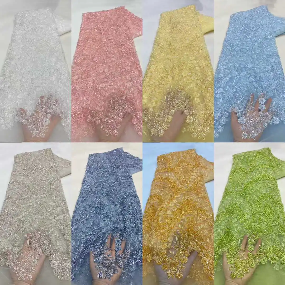 African Mesh Beaded Lace Fabric Sequins 2026 High Quality Nigerian Lace Fabric French Heavy Lace Fabric For Wedding Party Dress