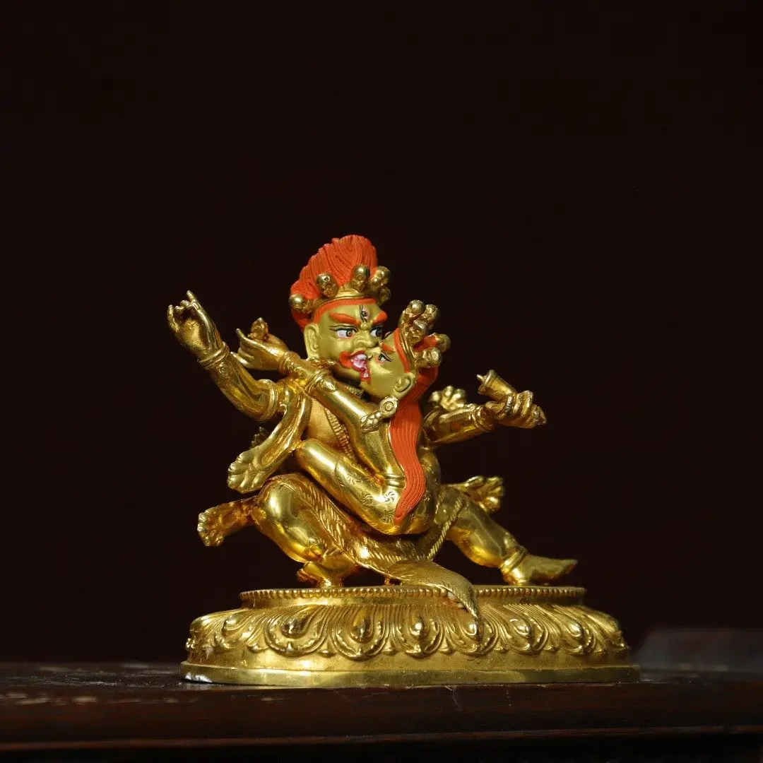 Happy Buddha Brass Gold Gilded Yellow Jambhala Dual Deity Living Room Temple Desk Vintage Decor