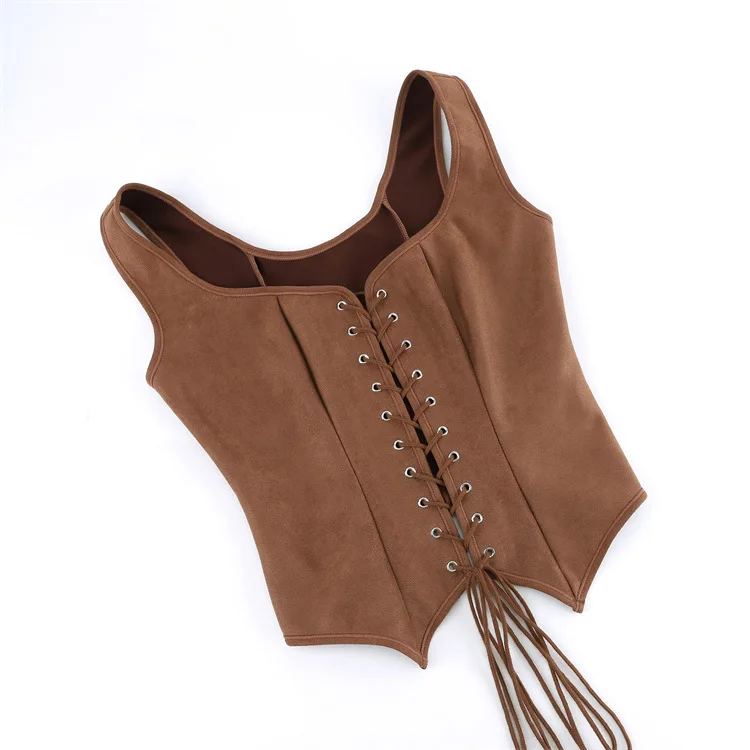 Retro Mittelalterliches Damen-Wildleder-Korsett-Oberteil Vintage Viktorianische Piraten-Damenweste Renaissance Cosplay Piraten-Halloween-Crop-Weste – Detail 5