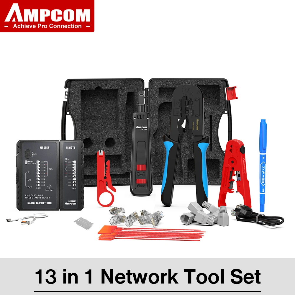 Go! AMPCOM Network Tool Kit, Lan Tester RJ45 Crimper Cat6 CAT5E Connectors RJ11 Punch Down Tool Wire Stripper Pliers Ethernet