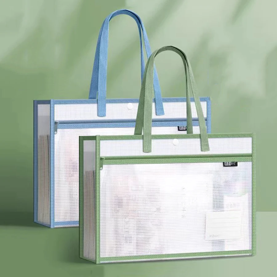 

Spacious Organizer A4 Pocket Folders Widen Double-Layer Mesh File Storage Bag With Handle Transparent File Bag Large Capacity
