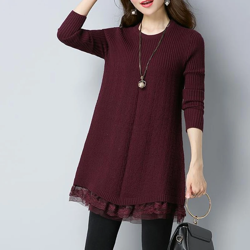 Autumn New Lace Patchwork Sweaters Solid Color Loose Long Sleeve O-neck Loose Knitting Pullovers Fashion Vintage Women Clothing