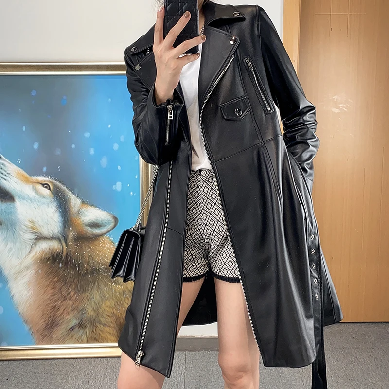 Motorcycle Windbreaker Women Female Metal Zipper Waist Belt Locomotive Jacket Mujer 100% Skin Big Lapel Cuff Zipper Rivet Coat