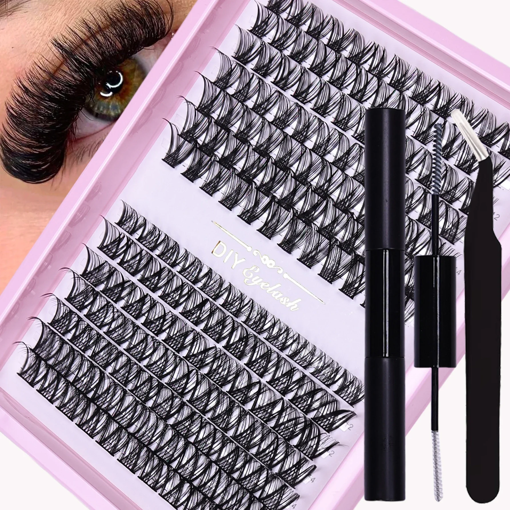 161pcs Eyelash Extension Kit, DIY Individual Lashes Cluster with Adhesive, Sealant and Tweezers, D Curl and Mix Length