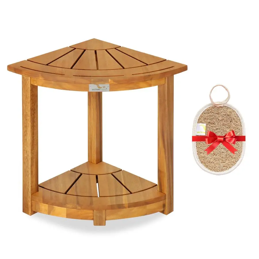 

Угловой душевой стул из акации, водонепроницаемая треугольная скамья для ванной с полкой для хранения и мыльницей для бритья, натуральное дерево