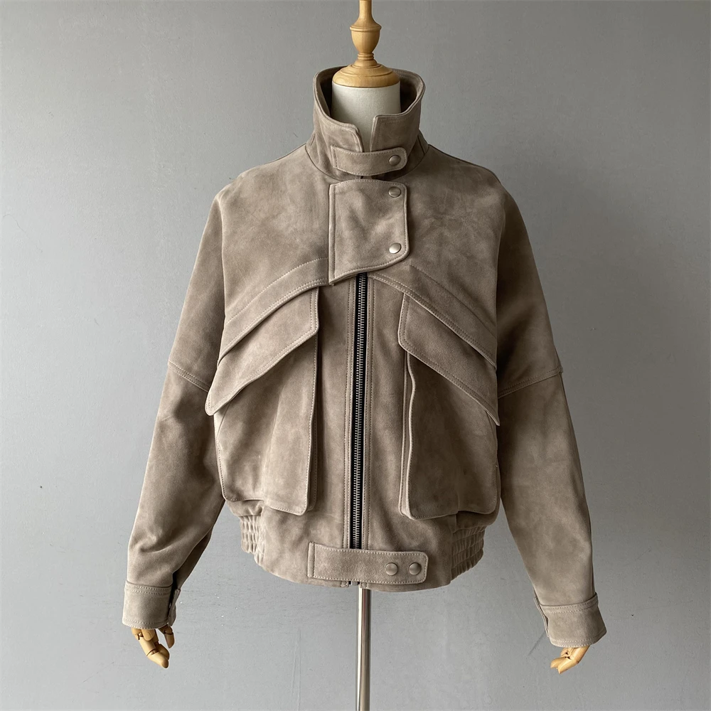 Kurtka damska Jxwatcher z prawdziwej skóry zamszowej, ekskluzywny płaszcz ze skóry owczej, damska kurtka oversize z prawdziwej skóry na wiosnę i jesień.