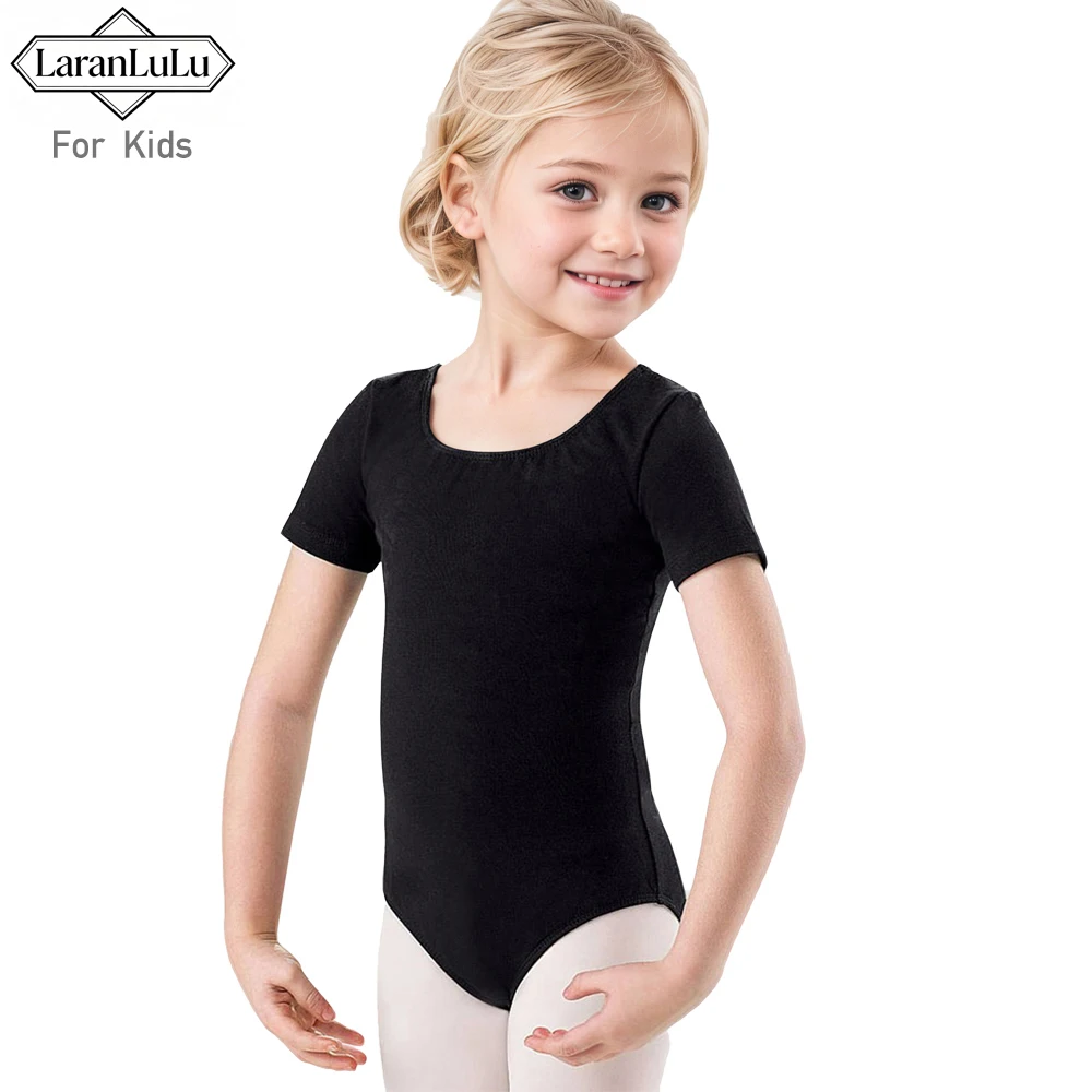 LaranLULU 여아용 반팔 레오타드 발레 댄스웨어 스판덱스 스쿱넥 체조 상의 어린이 무대 공연 바디수트