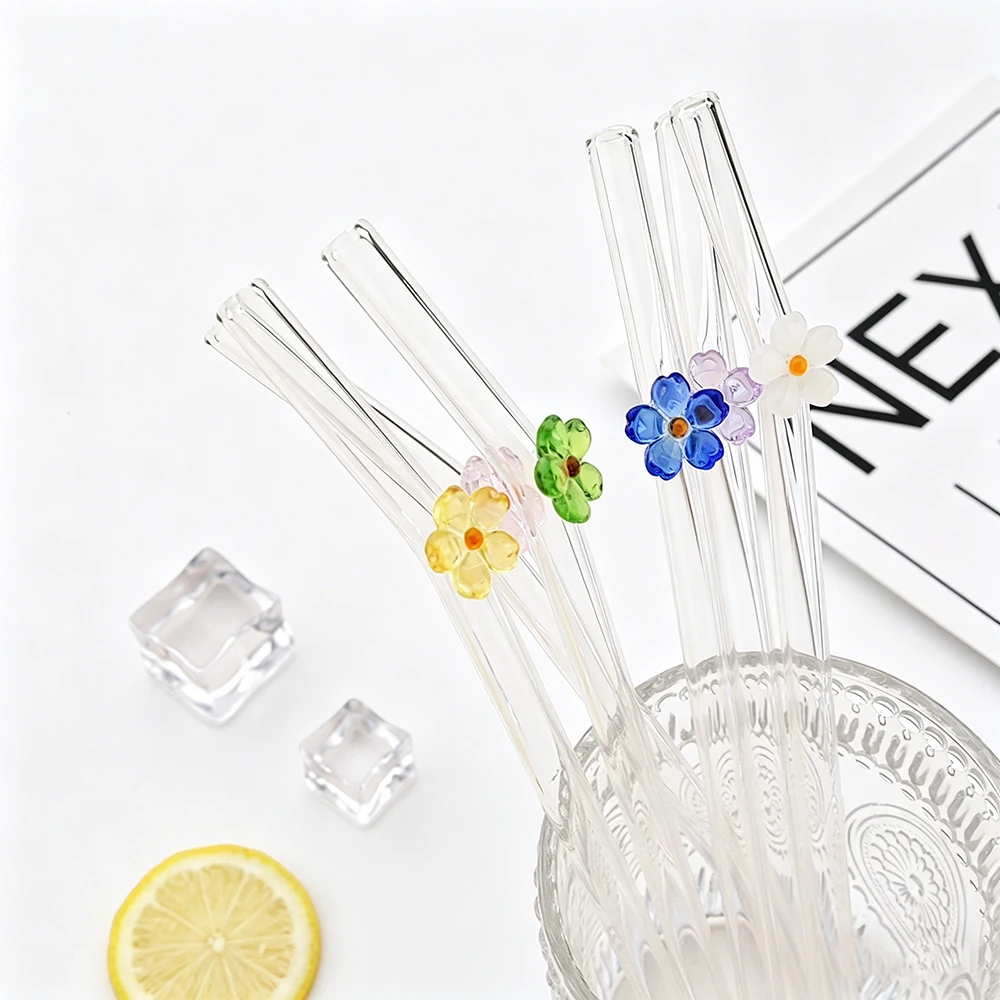 6Pcs Flower Drinking Straw Set High Borosilicate Glass Straws Set with 2 Brush Milk Shake Coffee Cocktail Straw Bar Drinkware