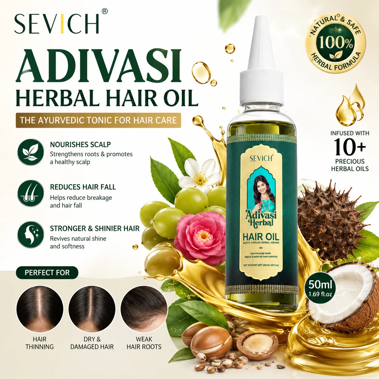 Aceite Ayurvédico para el Crecimiento del Cabello, Suero Orgánico Adivasi de la India para el Crecimiento del Cabello, Aceites Anticaída para un Crecimiento Rápido y Engrosamiento del Cabello, Productos para el Crecimiento del Cabello