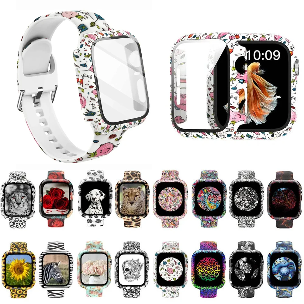 Silicone Strap+Cover for Apple Watch Bands 45/44mm 40/42/38mm Screen Protector, Glass+Silicone Wristband Strap for iwatch 2 in1