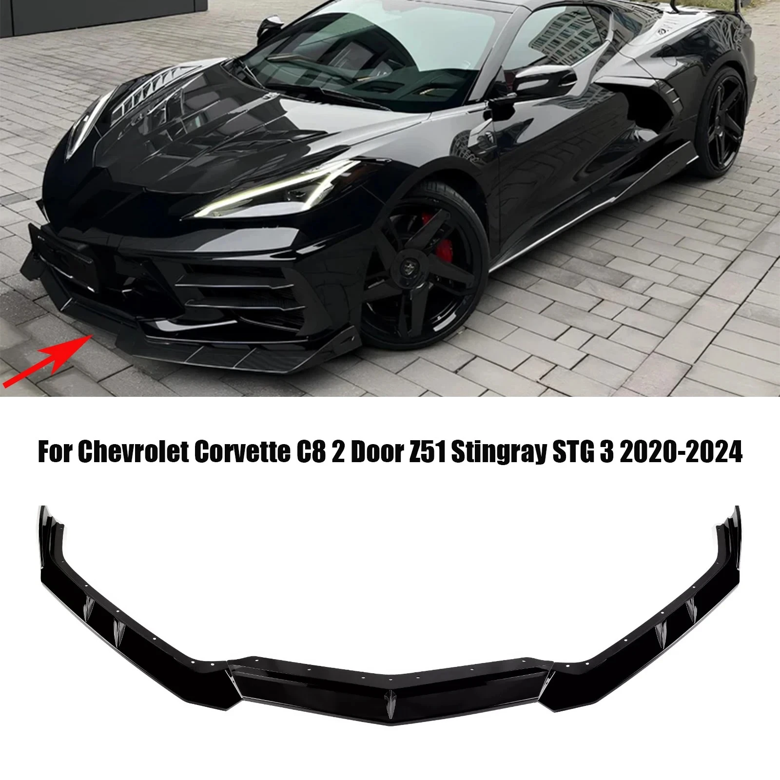 

Front Bumper Lip Splitter Shovel For Chevrolet Corvette C8 2 Door Z51 Stingray STG 3 2020-2024 Chin Spoiler Guard Accessories