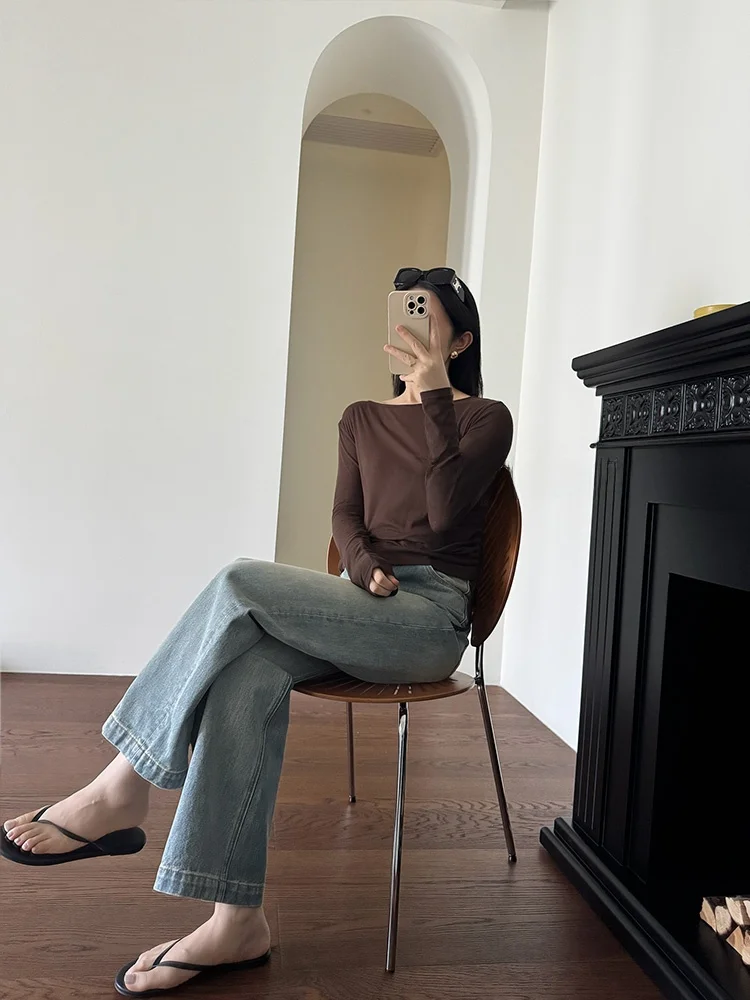 

Женская облегающая футболка Jiaoyang Skin Clothes Miu's Chao из тонкого хлопка с одним открытым плечом и боковой завязкой, с длинным рукавом