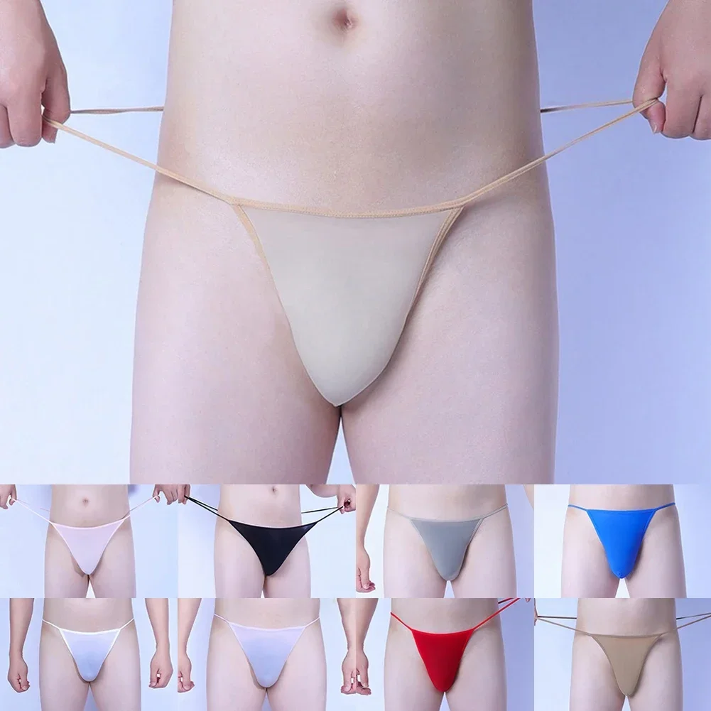 New Men Sexy Oil Silk Briefs Underwear Thongs Transparent G-String Pouch Panties Sheer Smooth Underpants Adjustable Men\'s T-back