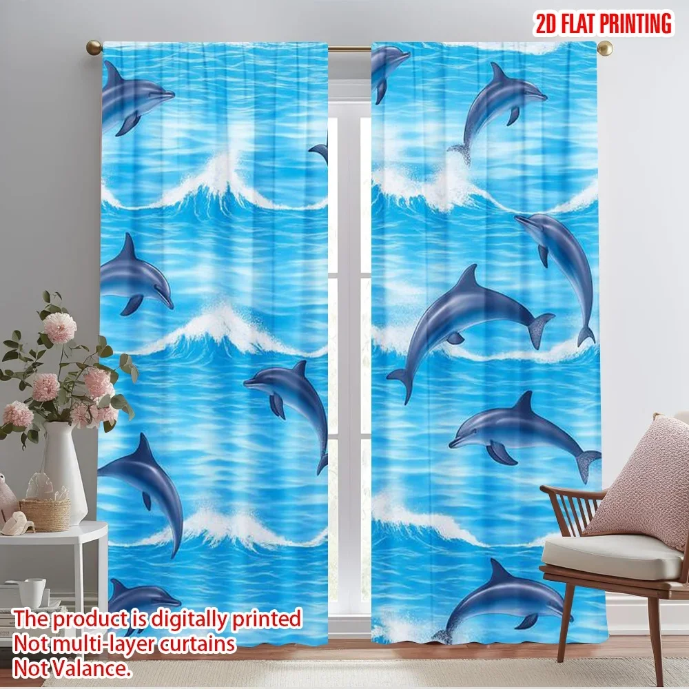 2pcs,2D plane printing Curtains Roller Blinds Dolphin Waves Polyester (without rod) Decorations Inside Perfect for Living Room,