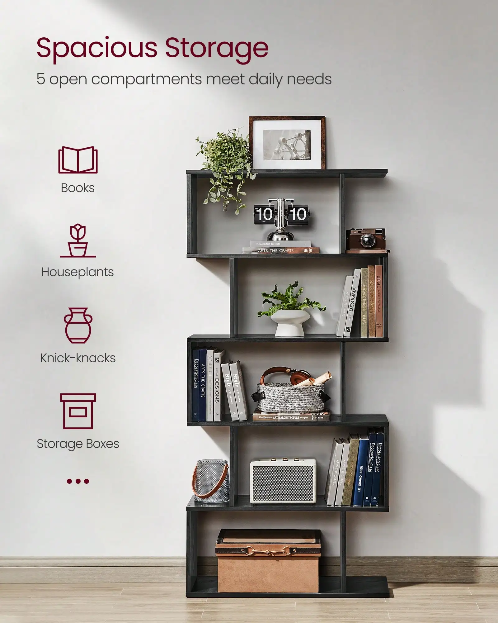 VASAGLE Wooden Bookcase, Display Shelf And Room Divider, Freestanding Decorative Storage Shelving, 5-Tier Bookshelf, Greige, 9.4D X 27.6W X 62.6H In