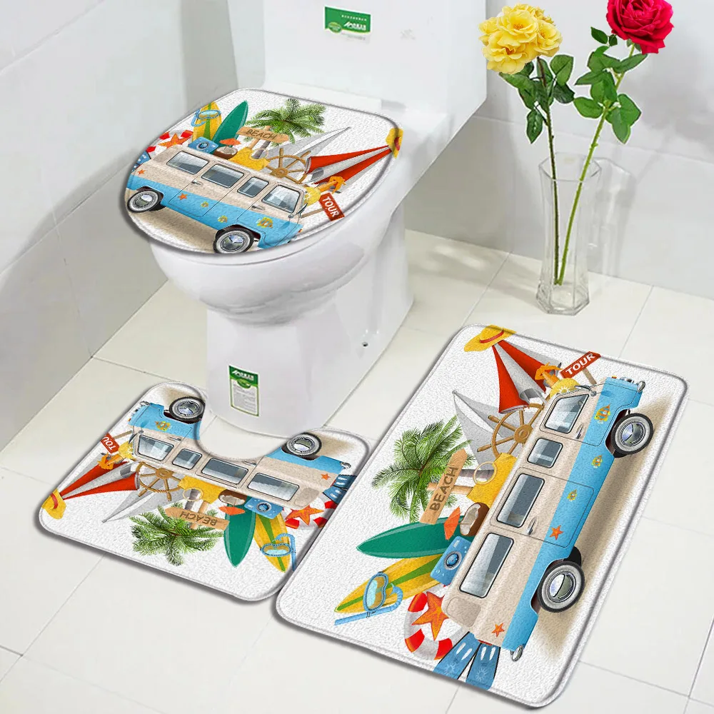 

Beach Ocean Bath Pad Car Starfish Coconut Tree Hawaiian Flannel Non-Slip Carpet Toilet Bowl Cover Bathroom Rugs Mat Decor Sets