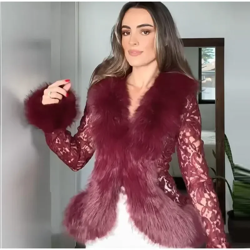 V-Ausschnitt Kurze Kunstpelzjacke für Damen in Schwarz, mit Lochmuster, Spitze, langen Ärmeln, schmal geschnitten, für Herbst und Winter, modische Damenjacke 2026 – Detail 9