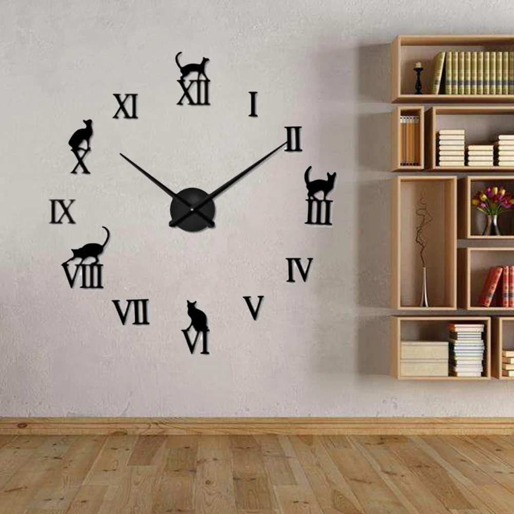 

Big DIY Cat Wall Clock Modern Design Animal Large Clocks Personality Acrylic Mirror Wall Clock Home Decor(Black)