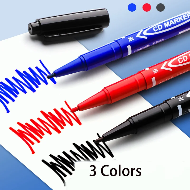 10Pcs Twin Tip Permanent Marker Black/Blue/Red Oil Marker Pen Fine Nid Marker Ink Drawing Stationery School Office Supplies