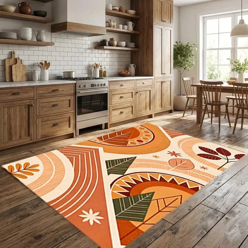 VIKAMA Boho Terracotta Kitchen Runner Rug, Non-Slip Washable Abstract Leaf Floor Mat, Mid Century Decor for Hallway Bedroom