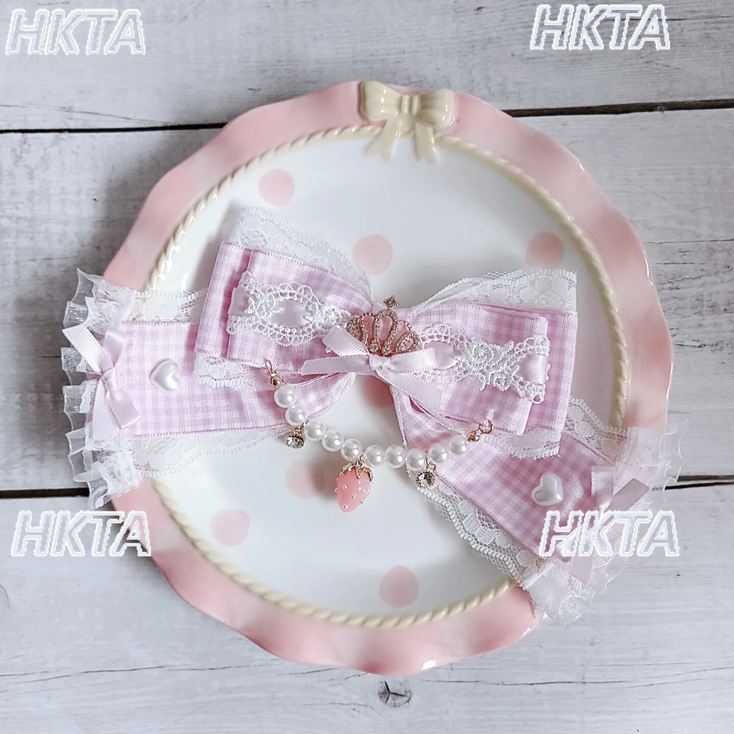 Japanese Sweet Spicy Strawberry Plaid Color Block Beaded Headband Kawaii Girls Lace Bow Lolita Headband Clips Hair Accessory