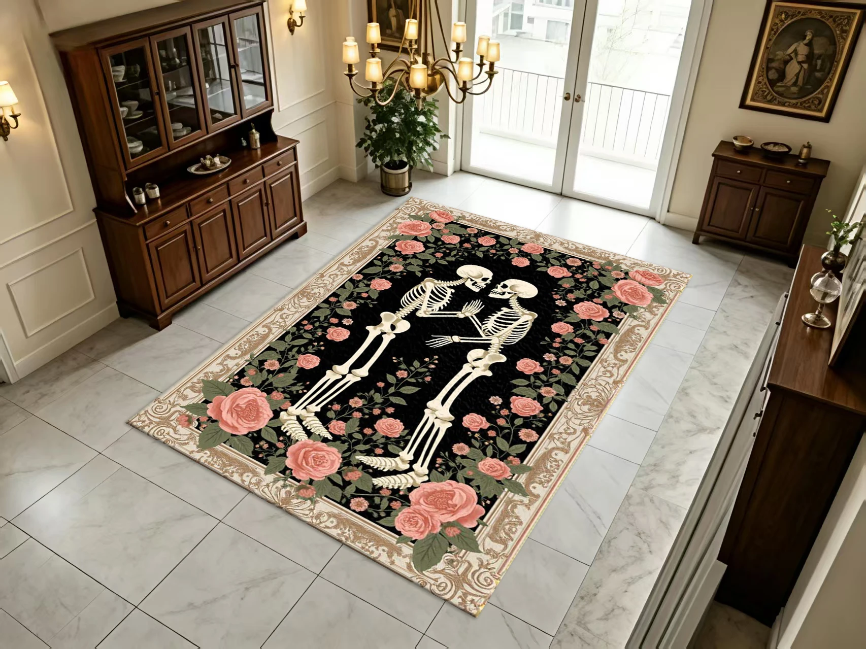 Gothic Skull Pink Rose Frame Carpet Vintage Art Home Living Room Bedroom Floor Carpet