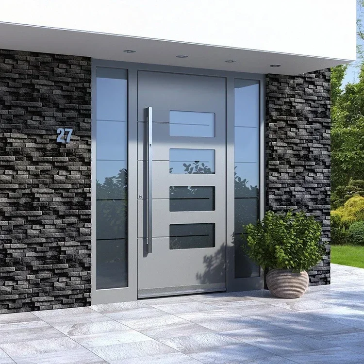 Prettywood Modern Grey Design Glass Inserted Metal Exterior Solid Aluminum Front Doors