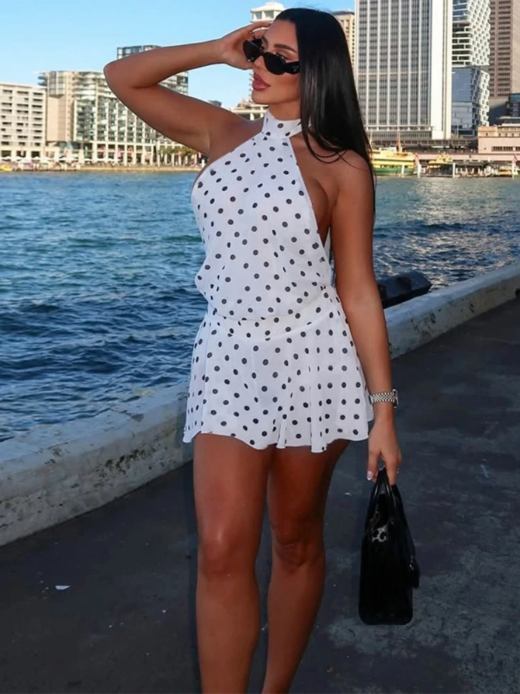 FDYOUI فستان قصير أنيق برقبة رسن بدون أكمام منقط ملابس خروج نسائية بدون ظهر برباط علوي فساتين للنوادي الليلية ملابس سهرة