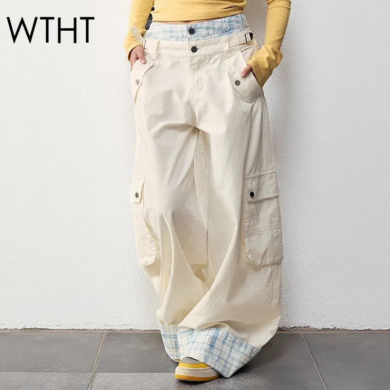 WTHT 2025 秋冬トレンド レディース パッチワーク コントラストカラー チェック柄 カジュアル カーゴパンツ ダブルウエスト ストレートパンツ 女性用 1LS2712