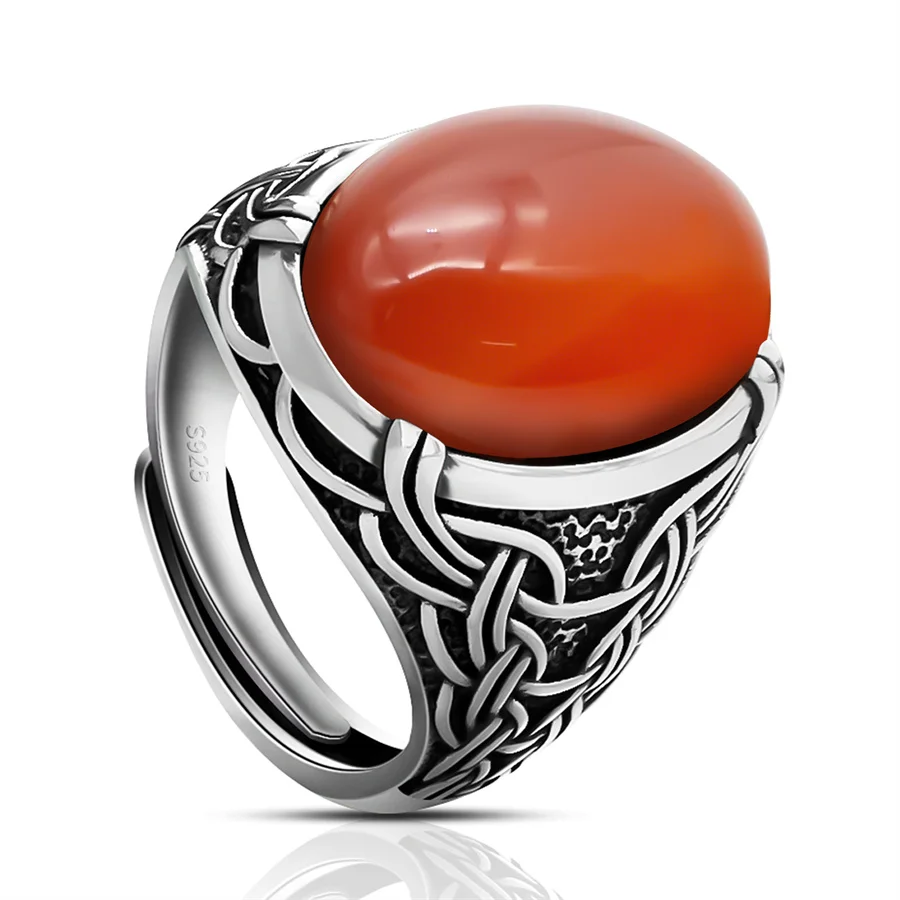 

Wholesale Adjustable 925 Sterling Silver Men's Ring Red Agate High-Quality Handcrafted Silver Band Men
