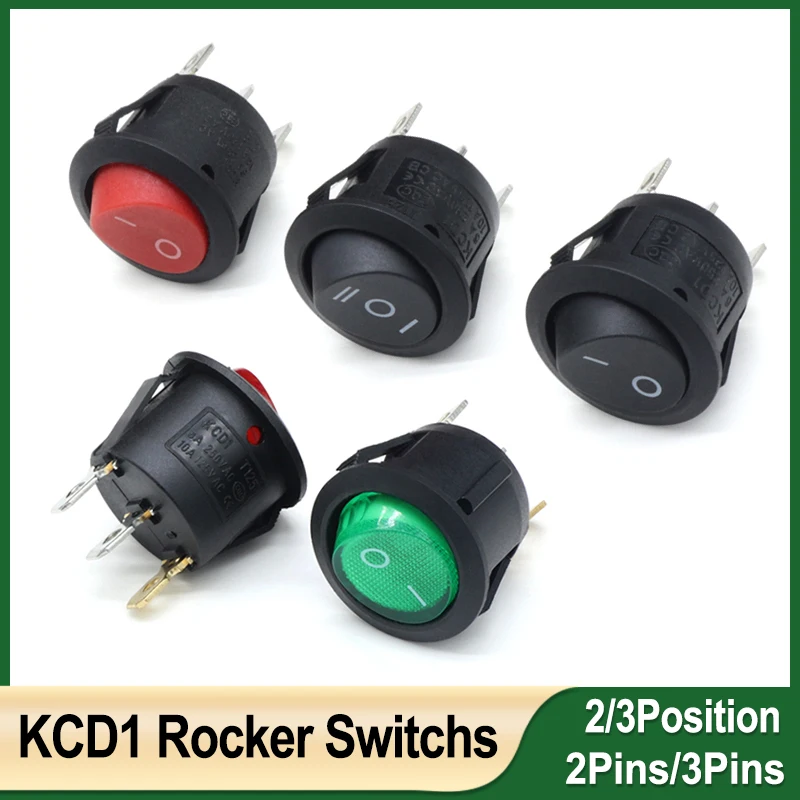 

KCD1 Round Rocker Power Switch 2/3Pins ON/OFF ON-OFF-ON 2/3 Position 6A/250VAC 10A/125VAC SPST 23mm LED Car Push Button Switches
