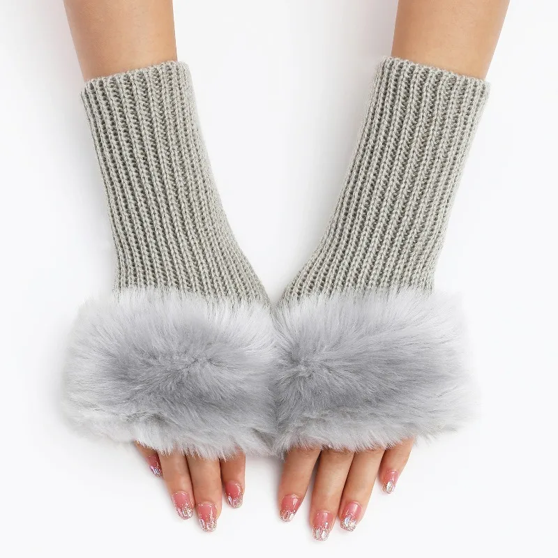 1 Pair Women Winter Warmer Gloves Knitted Warm Dew Finger Arm Cover Fingerless Rabbit Fur Gloves Arm Wrist Gants Stylish Gloves