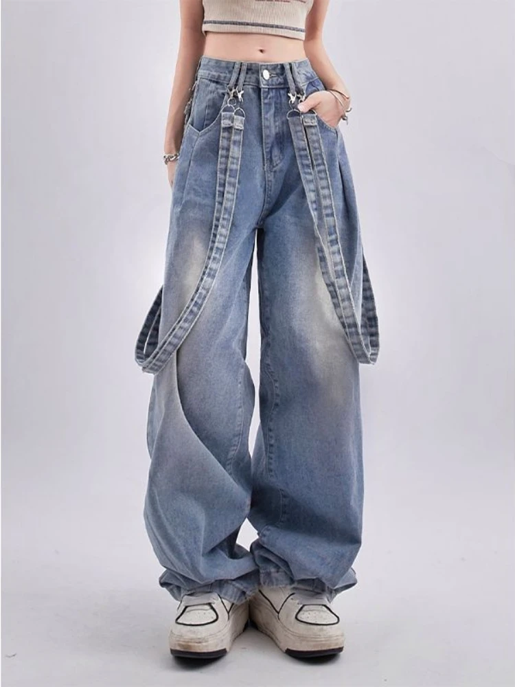 ADAgirl Blue Jeans for Women Y2k Retro Oversize High Waist Do Old Wide Leg Denim Pants Streetwear Causal Straight Mujer Trousers