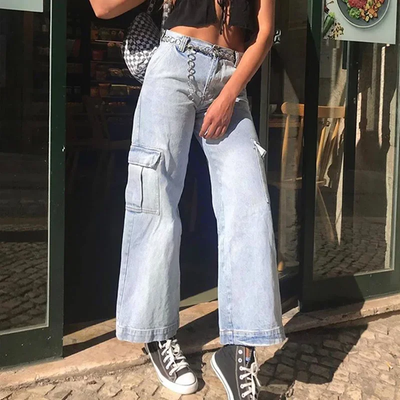 

Casual Fashion Streetwear Cowboy Blue Black White Long Pants Jeans Women High Waist Loose Straight Multi-pocket Denim Trousers