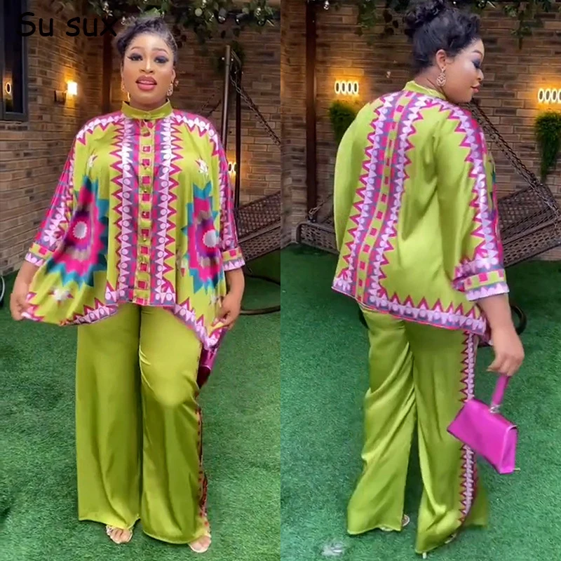 African Clothes For Women Dashiki 2 Piece Sets Africa Clothing Ethnic Style Print Satin Bat Sleeve Top and Pant Sets 2024 Spring