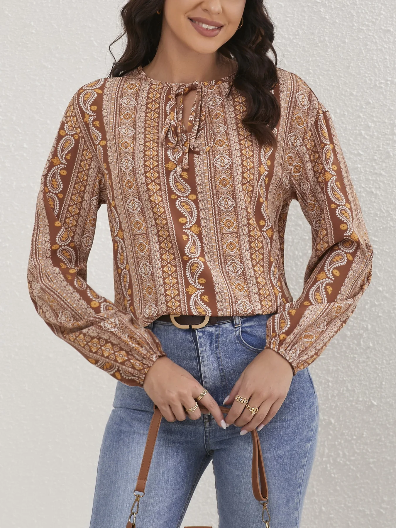 Ladies Paisley Print Tied Crew Neck Blouse Casual Long Sleeve Blouse Women Tops Shirts