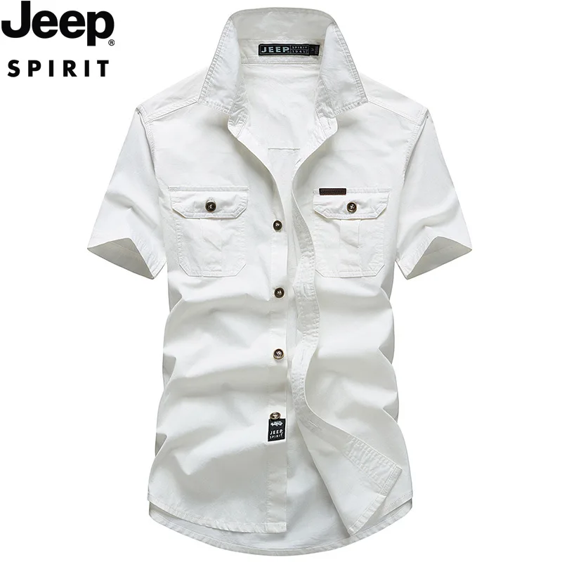 JEEP SPIRIT lente en zomer shirt met korte mouwen heren casual outdoor pocket katoenen ademende effen kleur slanke top met halve mouwen