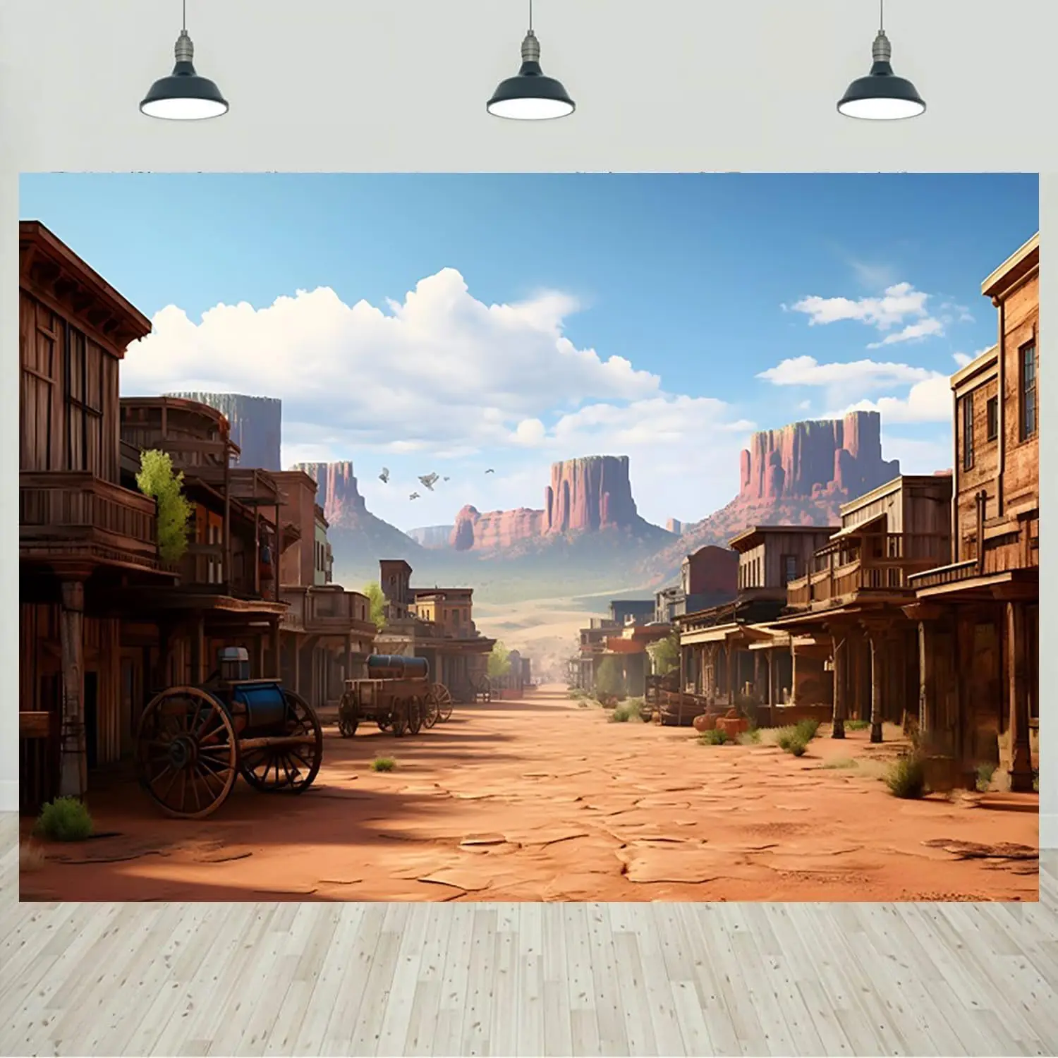 Western Town Mural Tapestry Outdoor Wall Hanging Print Polyester Decoration for Home Office Room Stallion Showroom Decor Gift