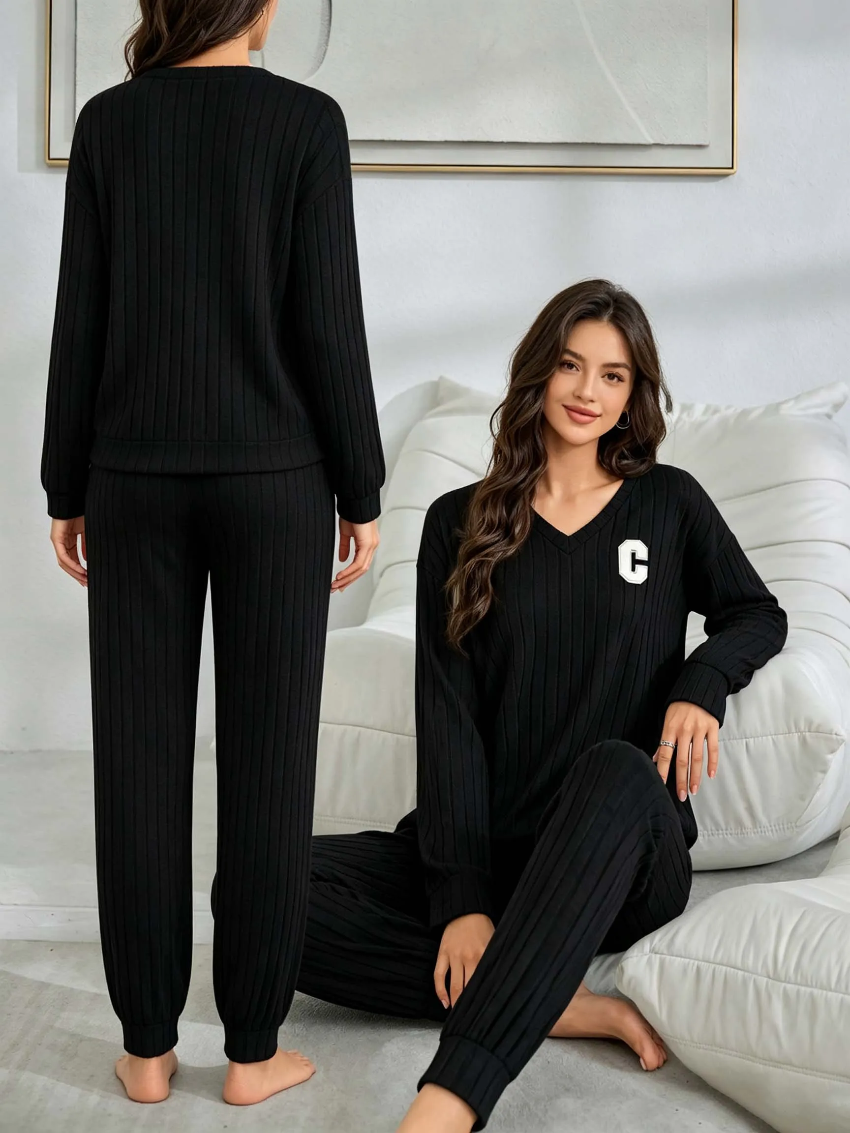 Women Ribbed Knit 2‑Piece Outfit, V‑Neck Long Sleeve Top With Letter Patch, Elastic Waist Jogger Pants Casual Tracksuit